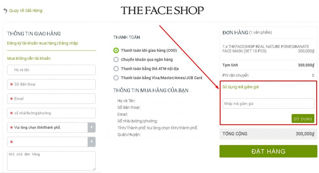 Cách nhập mã giảm giá The Face Shop?